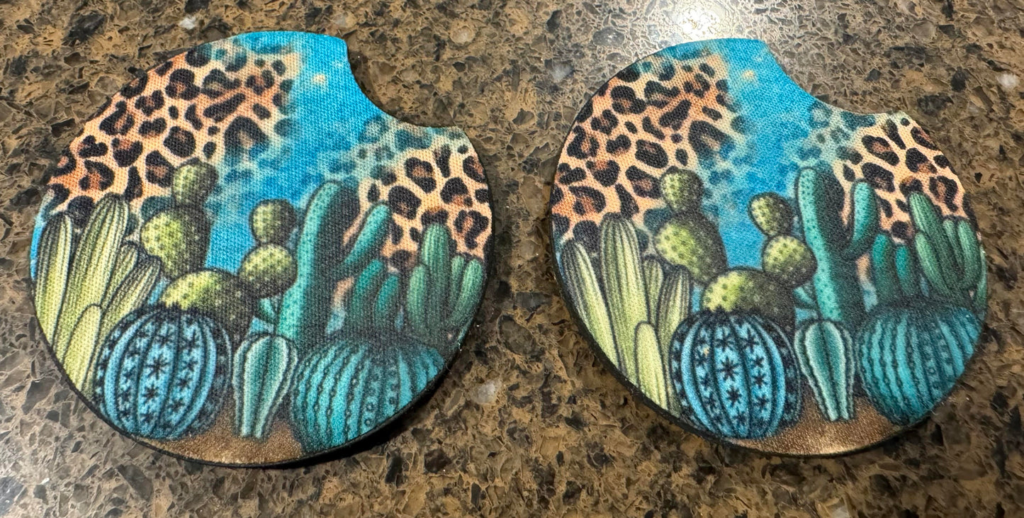 Blue Cheetah Print Cactus Car Coaster Set